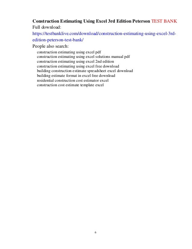 construction estimating using excel 3rd edition peterson test bank