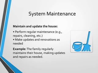 System Maintenance
Maintain and update the house:
• Perform regular maintenance (e.g.,
repairs, cleaning, etc.)
• Make updates and renovations as
needed
Example:The family regularly
maintains their house, making updates
and repairs as needed.
 