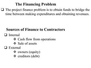 ❑ The project finance problem is to obtain funds to bridge the
time between making expenditures and obtaining revenues.
The Financing Problem
Sources of Finance to Contractors
❑ Internal
❖ Cash flow from operations
❖ Sale of assets
❑ External
❖ owners (equity)
❖ creditors (debt)
 