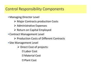 Control Responsibility Components
•Managing Director Level
➢ Major Contracts production Costs
➢ Administrative Expenses
➢ Return on Capital Employed
•Contract Management Level
➢ Production Costs of Different Contracts
•Site Management Level
➢ Direct Cost of projects:
Labor Cost
Material Cost
Plant Cost
 