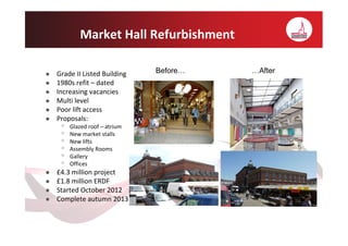 Market Hall Refurbishment

Grade II Listed Building    Before…   …After
1980s refit – dated
Increasing vacancies
Multi level
Poor lift access
Proposals:
 •   Glazed roof – atrium
 •   New market stalls
 •   New lifts
 •   Assembly Rooms
 •   Gallery
 •   Offices
£4.3 million project
£1.8 million ERDF
Started October 2012
Complete autumn 2013
 