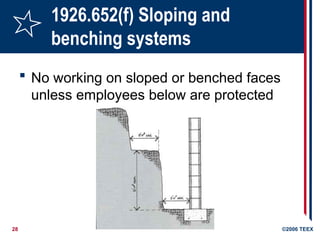 28 ©2006 TEEX
1926.652(f) Sloping and
benching systems
 No working on sloped or benched faces
unless employees below are protected
 