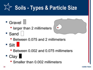 33 ©2006 TEEX
Soils - Types & Particle Size
 Gravel
 larger than 2 millimeters
 Sand
 Between 0.075 and 2 millimeters
 Silt
 Between 0.002 and 0.075 millimeters
 Clay
 Smaller than 0.002 millimeters
.
 