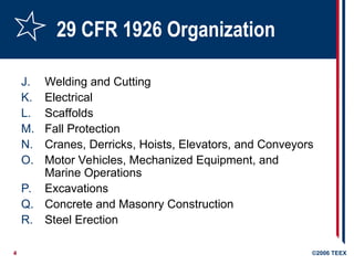 4 ©2006 TEEX
29 CFR 1926 Organization
J. Welding and Cutting
K. Electrical
L. Scaffolds
M. Fall Protection
N. Cranes, Derricks, Hoists, Elevators, and Conveyors
O. Motor Vehicles, Mechanized Equipment, and
Marine Operations
P. Excavations
Q. Concrete and Masonry Construction
R. Steel Erection
 