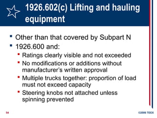 54 ©2006 TEEX
1926.602(c) Lifting and hauling
equipment
 Other than that covered by Subpart N
 1926.600 and:
 Ratings clearly visible and not exceeded
 No modifications or additions without
manufacturer’s written approval
 Multiple trucks together: proportion of load
must not exceed capacity
 Steering knobs not attached unless
spinning prevented
 