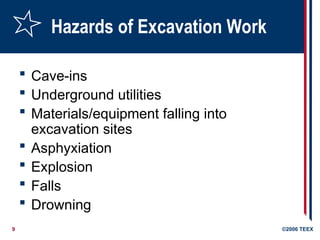 9 ©2006 TEEX
Hazards of Excavation Work
 Cave-ins
 Underground utilities
 Materials/equipment falling into
excavation sites
 Asphyxiation
 Explosion
 Falls
 Drowning
 
