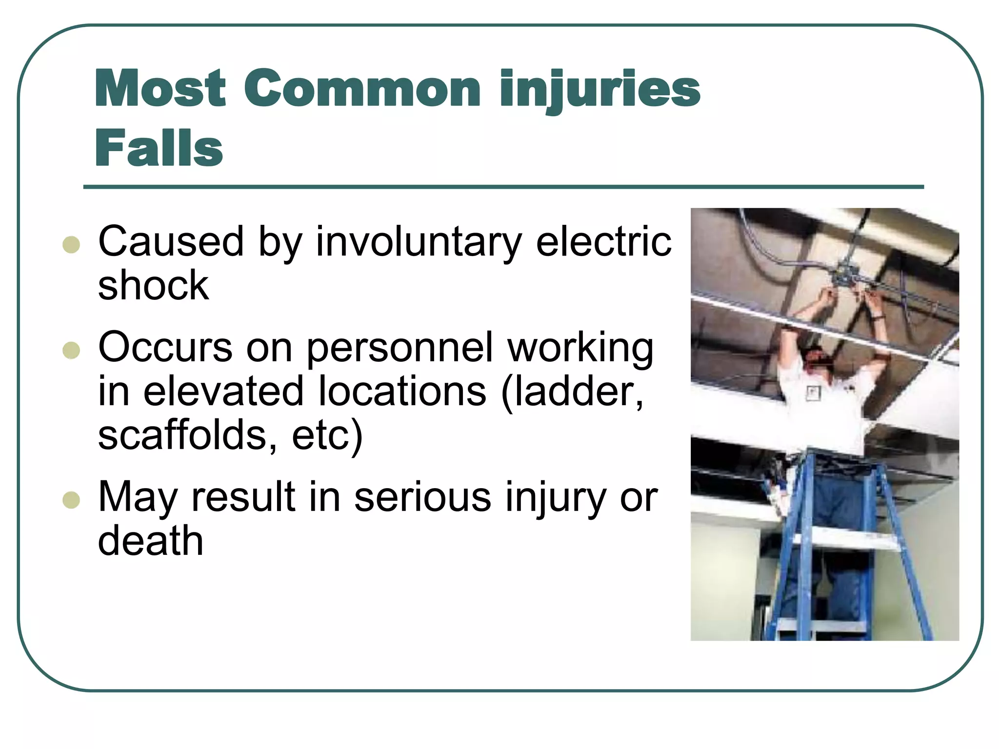 Most Common injuries
Falls
 Caused by involuntary electric
shock
 Occurs on personnel working
in elevated locations (ladder,
scaffolds, etc)
 May result in serious injury or
death
 