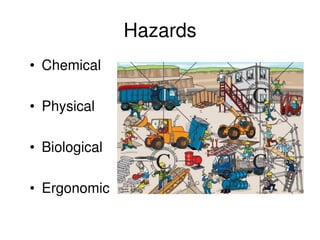 Hazards
• Chemical
• Physical
• Biological
• Ergonomic
 
