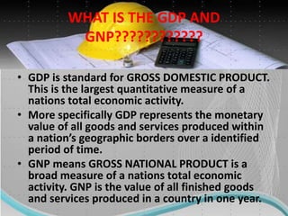 WHAT IS THE GDP AND
GNP????????????
• GDP is standard for GROSS DOMESTIC PRODUCT.
This is the largest quantitative measure of a
nations total economic activity.
• More specifically GDP represents the monetary
value of all goods and services produced within
a nation’s geographic borders over a identified
period of time.
• GNP means GROSS NATIONAL PRODUCT is a
broad measure of a nations total economic
activity. GNP is the value of all finished goods
and services produced in a country in one year.
 