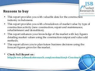 Reasons to buy
• This report provides you with valuable data for the construction
industry in Indonesia.
• This report pro...