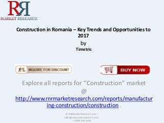 Construction in Romania – Key Trends and Opportunities to
2017

by
Timetric

Explore all reports for “Construction” market
@
http://www.rnrmarketresearch.com/reports/manufactur
ing-construction/construction .
© RnRMarketResearch.com ;
sales@rnrmarketresearch.com ;
+1 888 391 5441

 