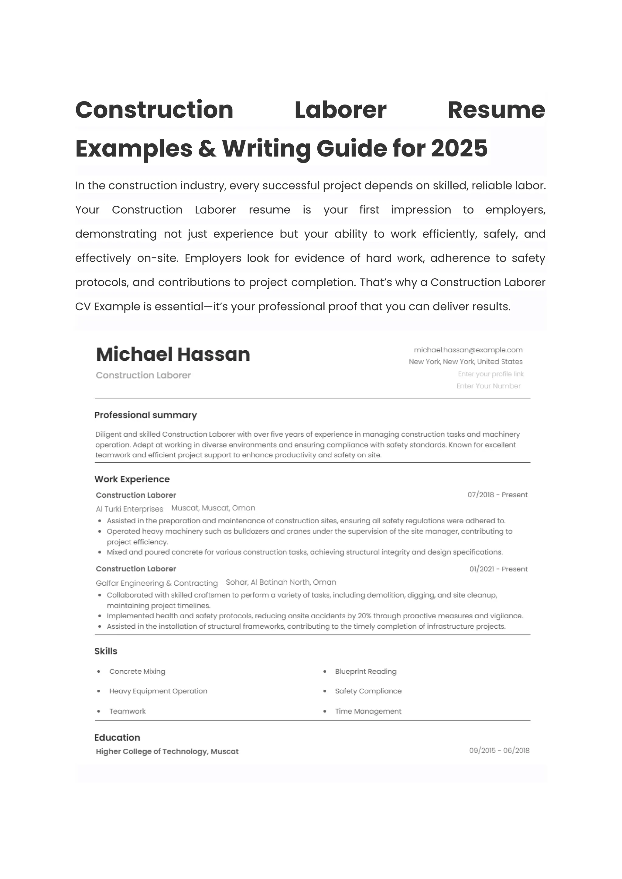 Construction Laborer Resume Examples & Writing Guide for 2025 | PDF