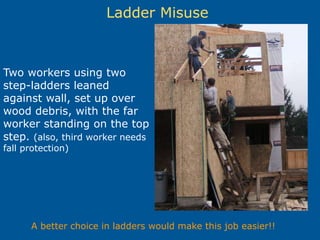 Ladder Misuse
Two workers using two
step-ladders leaned
against wall, set up over
wood debris, with the far
worker standing on the top
step. (also, third worker needs
fall protection)
A better choice in ladders would make this job easier!!
 