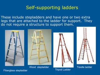 These include stepladders and have one or two extra
legs that are attached to the ladder for support. They
do not require a structure to support them.
Self-supporting ladders
Tripod Ladder
Fiberglass stepladder
Wood stepladder Trestle ladder
 