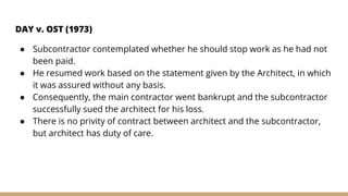 DAY v. OST (1973)
● Subcontractor contemplated whether he should stop work as he had not
been paid.
● He resumed work based on the statement given by the Architect, in which
it was assured without any basis.
● Consequently, the main contractor went bankrupt and the subcontractor
successfully sued the architect for his loss.
● There is no privity of contract between architect and the subcontractor,
but architect has duty of care.
 