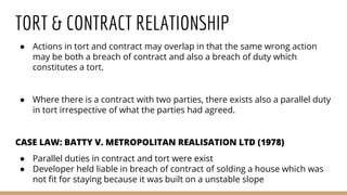 TORT & CONTRACT RELATIONSHIP
● Actions in tort and contract may overlap in that the same wrong action
may be both a breach of contract and also a breach of duty which
constitutes a tort.
● Where there is a contract with two parties, there exists also a parallel duty
in tort irrespective of what the parties had agreed.
CASE LAW: BATTY V. METROPOLITAN REALISATION LTD (1978)
● Parallel duties in contract and tort were exist
● Developer held liable in breach of contract of solding a house which was
not fit for staying because it was built on a unstable slope
 