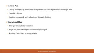 Tactical Plan
• Usually developed by middle level mangers to achieve the objectives set in strategic plan.
• Lasts for < 3years.
• Detailing resources & work allocation within each division.
Operational Plan
• They govern day to day operation.
• Single use plan – Developed to achieve a specific goal.
• Standing Plan – For a recurring activity.
DEPT. OF CIVIL ENGINEERING. JSSATEB. ABHISHEK R
 