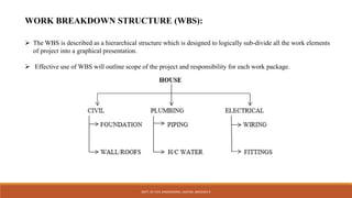 WORK BREAKDOWN STRUCTURE (WBS):
 The WBS is described as a hierarchical structure which is designed to logically sub-divide all the work elements
of project into a graphical presentation.
 Effective use of WBS will outline scope of the project and responsibility for each work package.
DEPT. OF CIVIL ENGINEERING. JSSATEB. ABHISHEK R
 