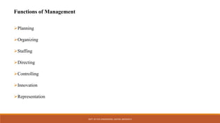 Functions of Management
Planning
Organizing
Staffing
Directing
Controlling
Innovation
Representation
DEPT. OF CIVIL ENGINEERING. JSSATEB. ABHISHEK R
 