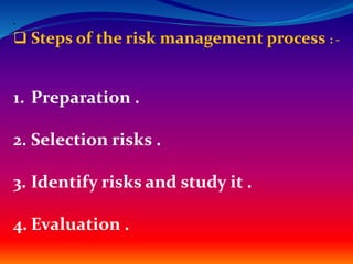 .
 Steps of the risk management process : -
1. Preparation .
2. Selection risks .
3. Identify risks and study it .
4. Evaluation .
 