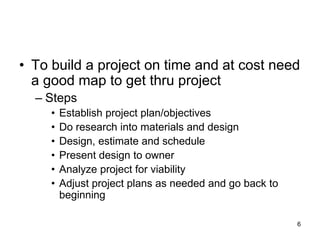 • To build a project on time and at cost need
a good map to get thru project
– Steps
• Establish project plan/objectives
• Do research into materials and design
• Design, estimate and schedule
• Present design to owner
• Analyze project for viability
• Adjust project plans as needed and go back to
beginning
6
 