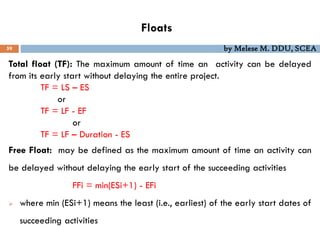 Floats
59 by Melese M. DDU, SCEA
Total float (TF): The maximum amount of time an activity can be delayed
from its early start without delaying the entire project.
TF = LS – ES
or
TF = LF - EF
or
TF = LF – Duration - ES
Free Float: may be defined as the maximum amount of time an activity can
be delayed without delaying the early start of the succeeding activities
FFi = min(ESi+1) - EFi
 where min (ESi+1) means the least (i.e., earliest) of the early start dates of
succeeding activities
 