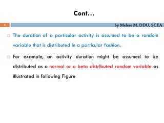 by Melese M. DDU, SCEA
Cont…
4
 The duration of a particular activity is assumed to be a random
variable that is distributed in a particular fashion.
 For example, an activity duration might be assumed to be
distributed as a normal or a beta distributed random variable as
illustrated in following Figure
 