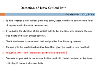 by Melese M. DDU, SCEA
Detection of New Critical Path
 To find whether a new critical path may occur, check whether a positive free float
of any non-critical activity becomes zero.
 By reducing the duration of the critical activity by one time unit, compute the new
free floats of the non-critical activities.
 Check which ones have reduced their old positive free floats by one unit.
 The one with the smallest old positive free float gives the positive free float limit.
 Reduction Limit = min { crash limit, positive free float limit }
 Continue to proceed in the above fashion until all critical activities in the latest
critical path are at their crash limits.
 