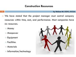 by Melese M. DDU, SCEA
Construction Resources
3
 We have stated that the project manager must control company
resources within time, cost, and performance. Most companies have
six resources.
 Money
 Manpower
 Equipment
 Facilities
 Materials
 Information/technology
 