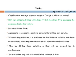 by Melese M. DDU, SCEA
 Calculate the average resource usage = Σ usage / utilization period.
 Shift non-critical activities within their FF first, then their TF to decrease the
peaks and raise the valleys.
 Revise activities floats.
 Aggregate resources in each time period after shifting any activity.
 When shifting activities, it is preferred to start with the activities that have
no successors, as shifting these activities will not affect other activities.
 Also, by shifting these activities, a float will be created for its
predecessors.
 Shift activities only that will enhance the resource profile.
Cont…
 