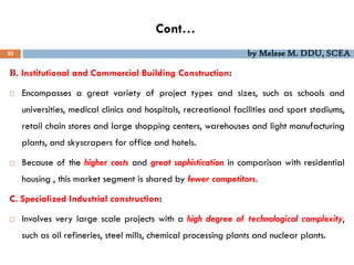 Cont…
25 by Melese M. DDU, SCEA
B. Institutional and Commercial Building Construction:
 Encompasses a great variety of project types and sizes, such as schools and
universities, medical clinics and hospitals, recreational facilities and sport stadiums,
retail chain stores and large shopping centers, warehouses and light manufacturing
plants, and skyscrapers for office and hotels.
 Because of the higher costs and great sophistication in comparison with residential
housing , this market segment is shared by fewer competitors.
C. Specialized Industrial construction:
 Involves very large scale projects with a high degree of technological complexity,
such as oil refineries, steel mills, chemical processing plants and nuclear plants.
 