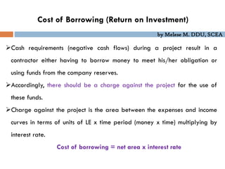 by Melese M. DDU, SCEA
Cost of Borrowing (Return on Investment)
Cash requirements (negative cash flows) during a project result in a
contractor either having to borrow money to meet his/her obligation or
using funds from the company reserves.
Accordingly, there should be a charge against the project for the use of
these funds.
Charge against the project is the area between the expenses and income
curves in terms of units of LE x time period (money x time) multiplying by
interest rate.
Cost of borrowing = net area x interest rate
 