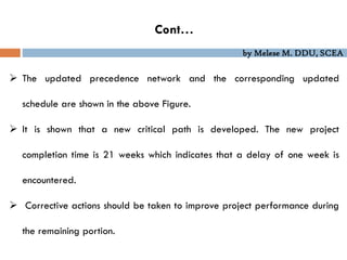 by Melese M. DDU, SCEA
 The updated precedence network and the corresponding updated
schedule are shown in the above Figure.
 It is shown that a new critical path is developed. The new project
completion time is 21 weeks which indicates that a delay of one week is
encountered.
 Corrective actions should be taken to improve project performance during
the remaining portion.
Cont…
 