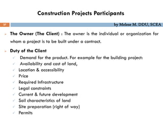 Construction Projects Participants
27 by Melese M. DDU, SCEA
 The Owner (The Client) : The owner is the individual or organization for
whom a project is to be built under a contract.
 Duty of the Client
 Demand for the product. For example for the building project:
 Availability and cost of land,
 Location & accessibility
 Price
 Required Infrastructure
 Legal constraints
 Current & future development
 Soil characteristics of land
 Site preparation (right of way)
 Permits
 