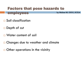 by Melese M. DDU, SCEA
Factors that pose hazards to
employees
 Soil classification
 Depth of cut
 Water content of soil
 Changes due to weather and climate
 Other operations in the vicinity
 