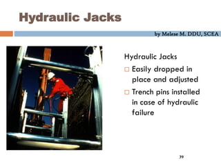 by Melese M. DDU, SCEA
39
Hydraulic Jacks
Hydraulic Jacks
 Easily dropped in
place and adjusted
 Trench pins installed
in case of hydraulic
failure
 