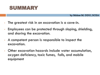 by Melese M. DDU, SCEA
SUMMARY
• The greatest risk in an excavation is a cave-in.
• Employees can be protected through sloping, shielding,
and shoring the excavation.
• A competent person is responsible to inspect the
excavation.
• Other excavation hazards include water accumulation,
oxygen deficiency, toxic fumes, falls, and mobile
equipment
 
