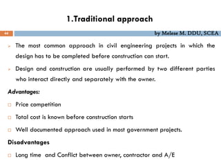 1.Traditional approach
44 by Melese M. DDU, SCEA
 The most common approach in civil engineering projects in which the
design has to be completed before construction can start.
 Design and construction are usually performed by two different parties
who interact directly and separately with the owner.
Advantages:
 Price competition
 Total cost is known before construction starts
 Well documented approach used in most government projects.
Disadvantages
 Long time and Conflict between owner, contractor and A/E
 