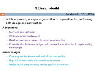 3.Design-build
46 by Melese M. DDU, SCEA
 In this approach, a single organization is responsible for performing
both design and construction.
Advantages:
 Only one contract used
 Minimum owner involvement
 Used for fast-track projects in order to reduce time
 Co-ordination between design and construction and easier in implementing
the changes
Disadvantages
 Cost may not be known until end of the construction
 High risk to contractor and more cost to owner
 Design-build company may reduce quality to save cost
 