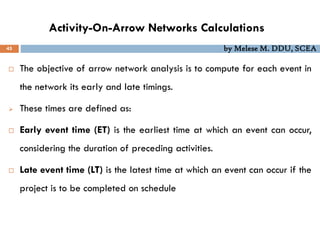 Activity-On-Arrow Networks Calculations
45 by Melese M. DDU, SCEA
 The objective of arrow network analysis is to compute for each event in
the network its early and late timings.
 These times are defined as:
 Early event time (ET) is the earliest time at which an event can occur,
considering the duration of preceding activities.
 Late event time (LT) is the latest time at which an event can occur if the
project is to be completed on schedule
 