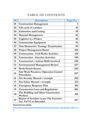 TABLE OF CONTENTS
SL Description Page No.
01 Construction Management 1
02 Life cycle of a project 42
03 Estimation and Costing 50
04 Material Management 66
05 Logistics in a Project 86
06 Construction Equipment 91
07 Non Destructive Testing/ Examination 99
08 Project Management Basics 108
09 Construction - Civil Works Activities 118
10 Construction - Erection Activities 148
11 Construction – Labour Skills Involved 220
13 Environmental Management Review 237
14 Work Permit System 242
15
Safe Work Practices/ Operation Control
Procedures
247
16 Site Security Manual – example 284
17 Site Safety Manual – example 315
18 Emergency Response Plan 381
19 Construction Laws and Regulations 406
20
The Building and Other Construction
Workers
418
21
Report of Accident as per The Factories
Act. Vol V1 as Amended
427
Please find more details
http://issuu.com/vishwakarmapublications/docs/construction_management_table_of_c
o
 