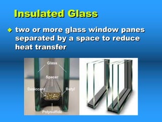 Insulated Glass
u two or more glass window panes
separated by a space to reduce
heat transfer
 