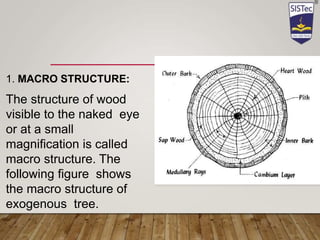 1. MACRO STRUCTURE:
The structure of wood
visible to the naked eye
or at a small
magnification is called
macro structure. The
following figure shows
the macro structure of
exogenous tree.
 