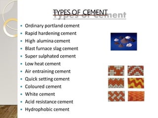 TYPES OF CEMENT
 Ordinary portland cement
 Rapid hardening cement
 High alumina cement
 Blast furnace slag cement
 Super sulphated cement
 Low heat cement
 Air entraining cement
 Quick setting cement
 Coloured cement
 White cement
 Acid resistance cement
 Hydrophobic cement
 
