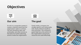 The goal
Objectives
Goals inside a company are
usually specific and measurable,
with clearly defined deadlines
and outcomes. The company’s
goals help focus the actions of
the organization and ensure
resources are used effectively
An aim in a corporate context is
a goal or desired result that the
organization seeks to achieve.
The aim should be clear and
achievable, and often serves as
the basis for further planning
actions inside the organization
Our aim
 