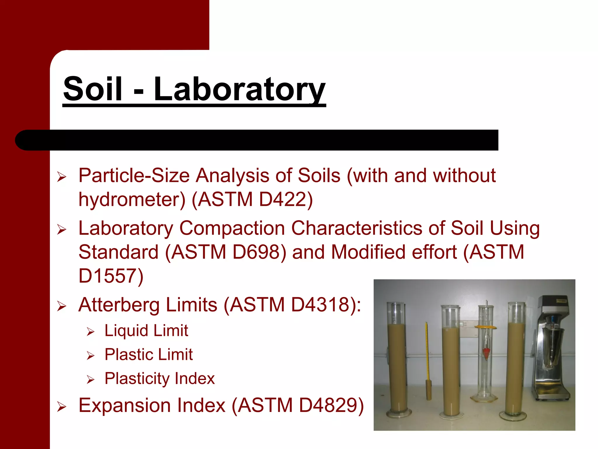Soil - Laboratory

 Particle-Size Analysis of Soils (with and without
 hydrometer) (ASTM D422)
 Laboratory Compaction Characteristics of Soil Using
 Standard (ASTM D698) and Modified effort (ASTM
 D1557)
 Atterberg Limits (ASTM D4318):
   Liquid Limit
   Plastic Limit
   Plasticity Index
 Expansion Index (ASTM D4829)
 