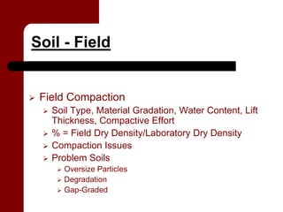 Soil - Field


 Field Compaction
   Soil Type, Material Gradation, Water Content, Lift
   Thickness, Compactive Effort
   % = Field Dry Density/Laboratory Dry Density
   Compaction Issues
   Problem Soils
      Oversize Particles
      Degradation
      Gap-Graded
 