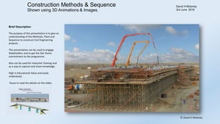 Construction Methods & Sequence
Shown using 3D Animations & Images.
David H Moloney
31st May 2016
Brief Description
The purpose of this presentation is to give an
understanding of the Methods, Plant and
Sequence to construct Civil Engineering
projects.
This presentation can be used to engage
Stakeholders and to get the Site Teams
commitment to the programme.
Also can be used for Induction Training and
as a way to capture and share knowledge.
High in Educational Value and easily
understood.
Pause to read the details on the slides.
ⓒ David H Moloney
 