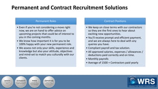 Permanent Roles
• Even if you’re not considering a move right
now, we are on hand to offer advice on
upcoming projects that could be of interest to
you in the coming months.
• We know how important it is for you to be
100% happy with your new permanent role.
• We assess not only your skills, experience and
knowledge but also your attitude, objectives
and mind-set to match you culturally with our
clients.
Contract Positions
• We keep on close terms with our contractors
so they are the first ones to hear about
exciting new opportunities.
• You’ll receive prompt and efficient payment,
and we are always here to deal with any
queries you have.
• Compliant payroll and tax solution.
• All approved salaries, expenses / allowances /
deductions paid correctly and on time.
• Monthly payrolls
• Average of 1500 + Contractors paid yearly
Permanent and Contract Recruitment Solutions
 