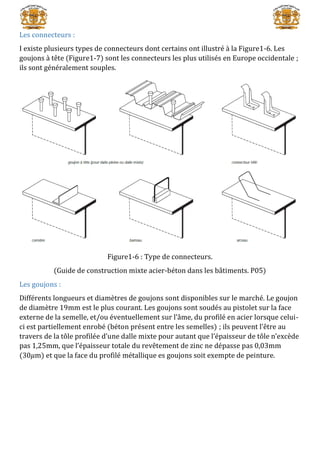 Les connecteurs :
I existe plusieurs types de connecteurs dont certains ont illustré à la Figure1-6. Les
goujons à tête (Figure1-7) sont les connecteurs les plus utilisés en Europe occidentale ;
ils sont généralement souples.
Figure1-6 : Type de connecteurs.
(Guide de construction mixte acier-béton dans les bâtiments. P05)
Les goujons :
Différents longueurs et diamètres de goujons sont disponibles sur le marché. Le goujon
de diamètre 19mm est le plus courant. Les goujons sont soudés au pistolet sur la face
externe de la semelle, et/ou éventuellement sur l’âme, du profilé en acier lorsque celui-
ci est partiellement enrobé (béton présent entre les semelles) ; ils peuvent l’être au
travers de la tôle profilée d’une dalle mixte pour autant que l’épaisseur de tôle n’excède
pas 1,25mm, que l’épaisseur totale du revêtement de zinc ne dépasse pas 0,03mm
(30𝜇m) et que la face du profilé métallique es goujons soit exempte de peinture.
 